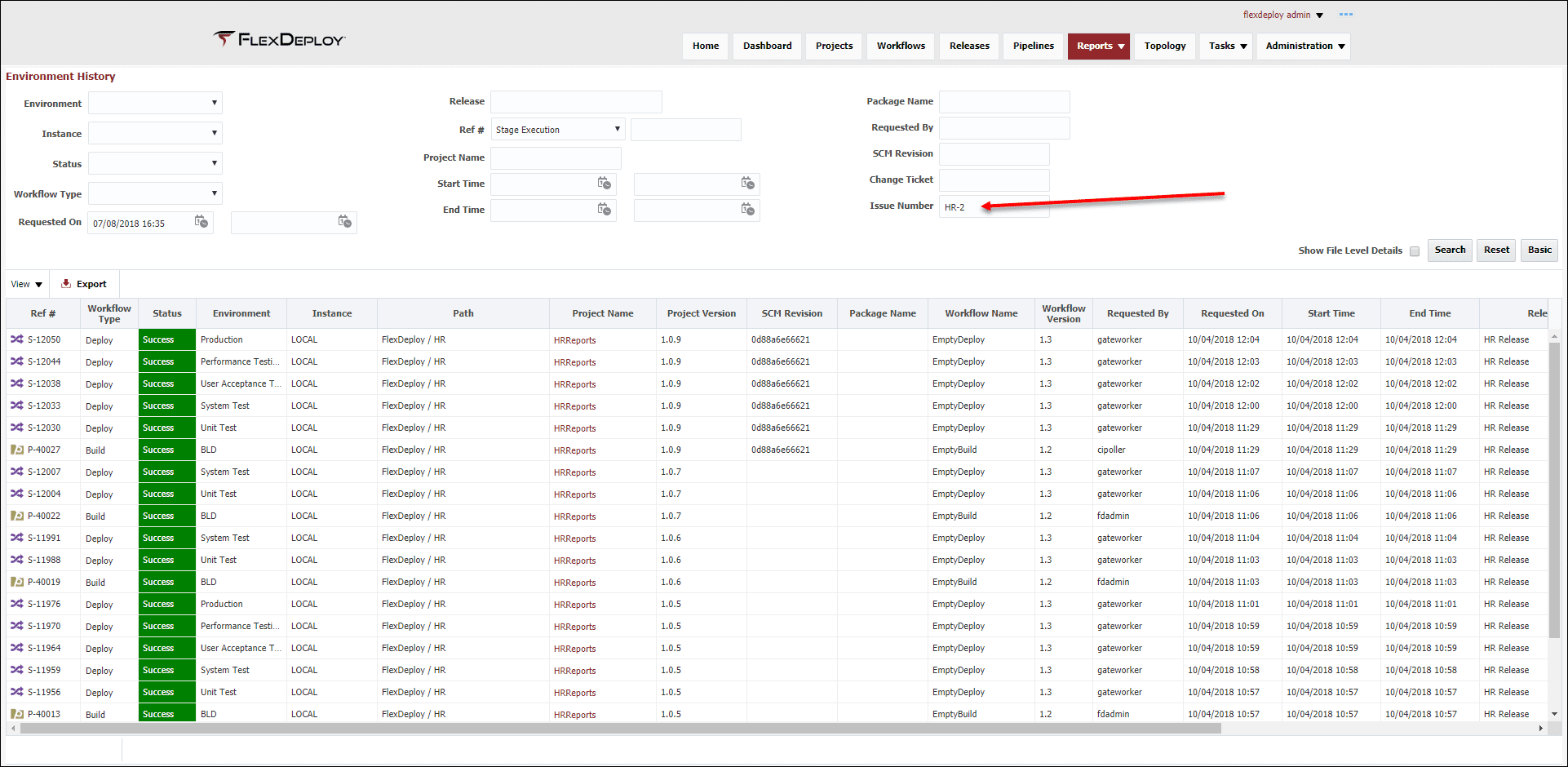 Jira Issues are searchable in the Environment History Report to quickly allow you to view the life-cycle of a particular Issue.
