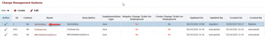 Default Configuration of ServiceNow in FlexDeploy's Change Management System