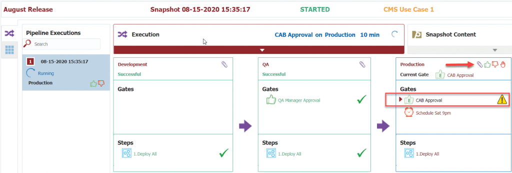CAB Approval gate pending approval in the FlexDeploy release dashboard. 