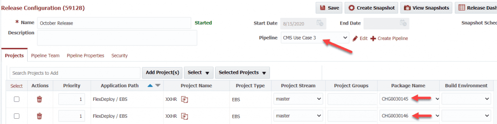 Setting the package names as the ServiceNow change ticket numbers.