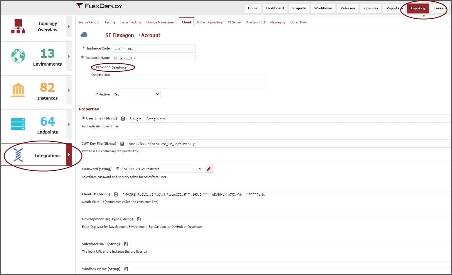 In FlexDeploy's Topology tab, use Cloud Integration to configure your Salesforce accounts to connect to your Orgs.