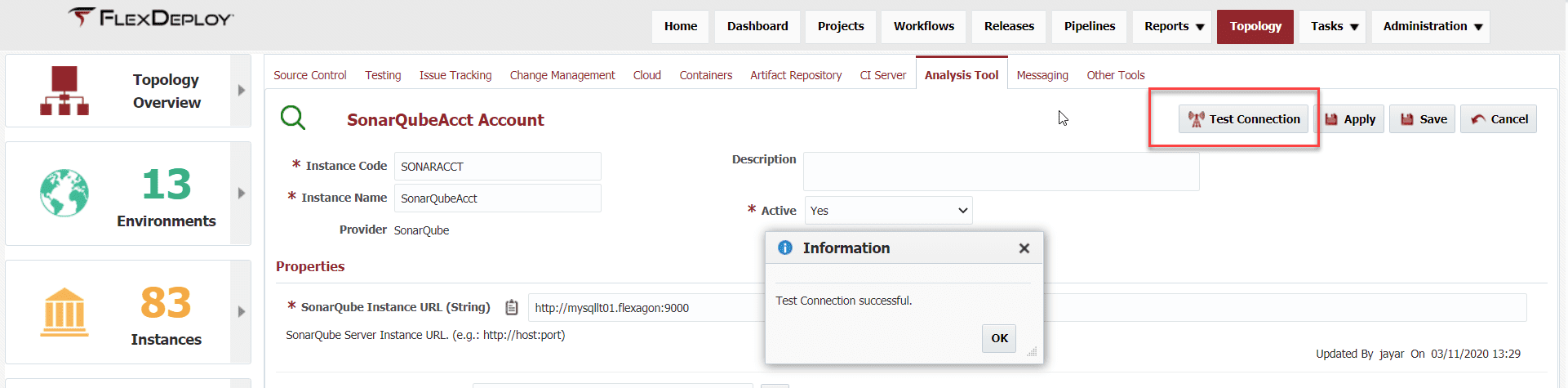 Test connection in the SonarQube Integration