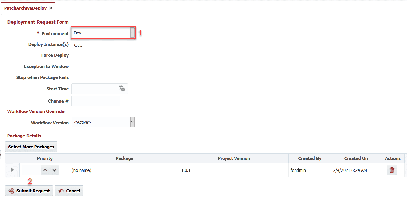 Deployment Request Form in FlexDeploy