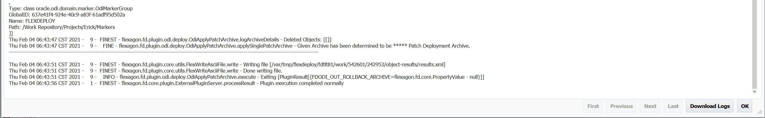 ODI plugin operation logs from FlexDeploy
