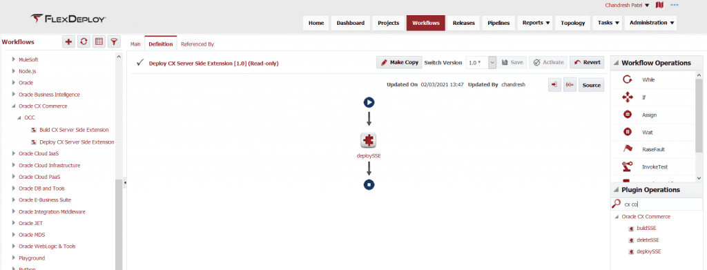 Deploy workflow for a CX Commerce Cloud Server Side Extension in FlexDeploy