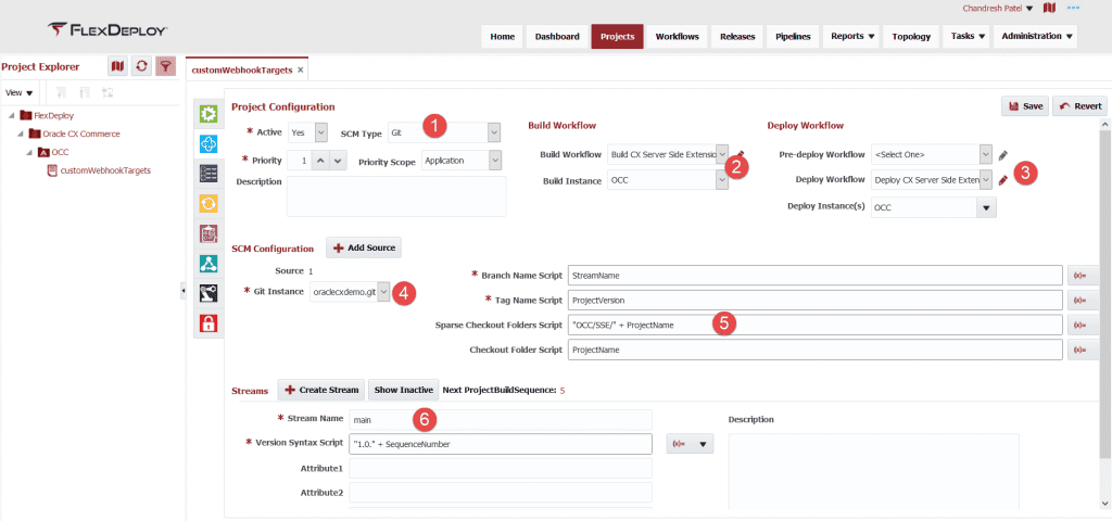 Project Configuration settings for FlexDeploy's Oracle CX Commerce Cloud plugin