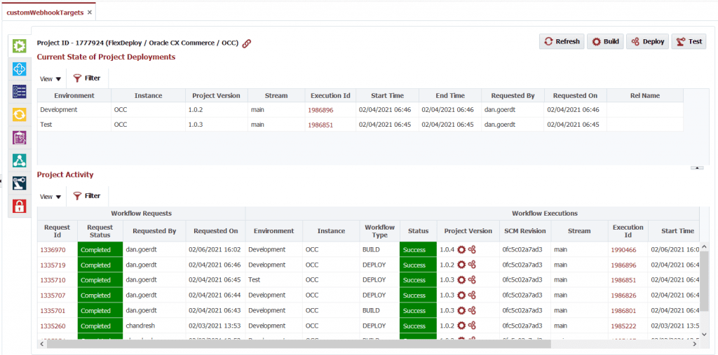 Build and deploy logs from the Oracle CX Commerce Cloud plugin