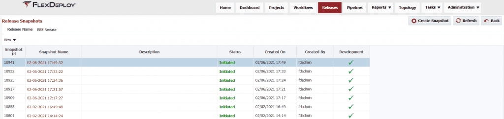 Release snapshots from the Development environment