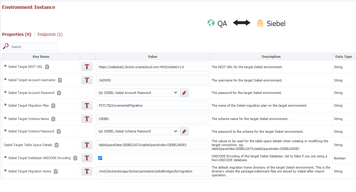 Environment Instance window for Siebel in FlexDeploy