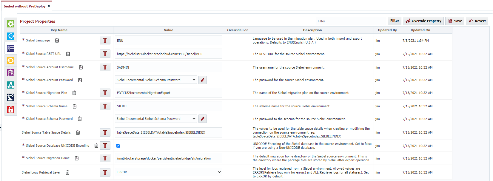 Siebel Project Properties