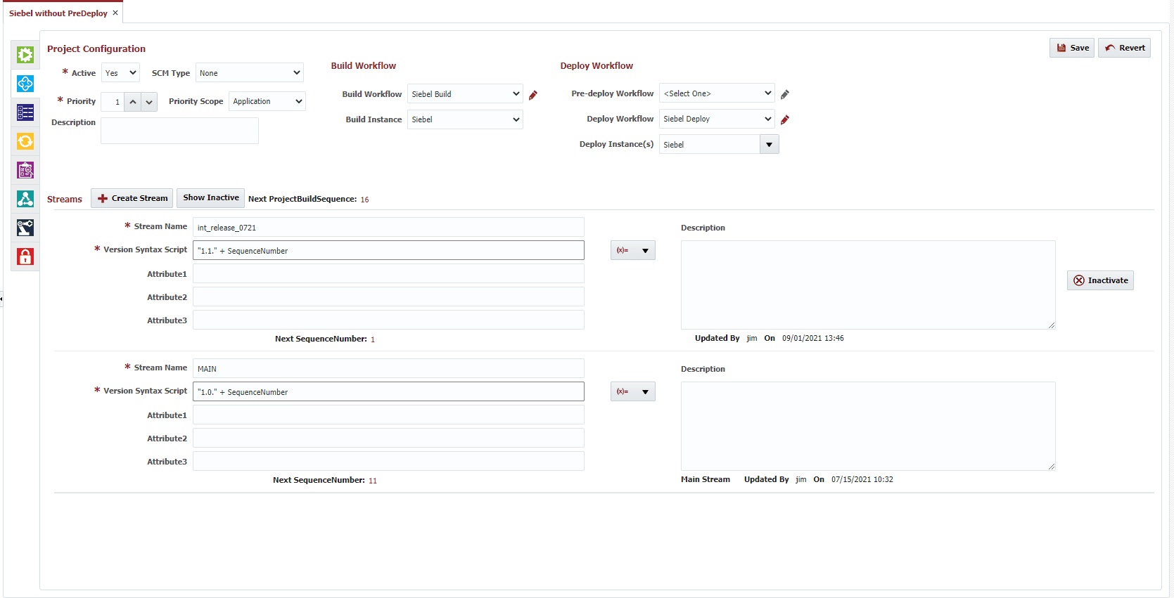 Project Configuration window for build and deploy workflows for Siebel