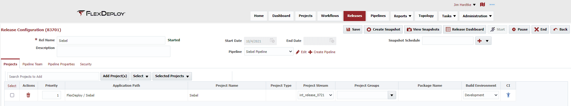 Release Configuration window for Siebel