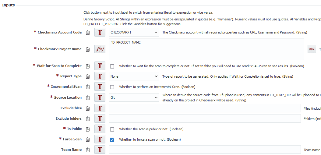 workflow inputs for the runCxSASTScan operation