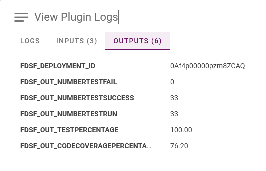Details from Apex test execution, like counts for Test Failures, Test Run, Code Coverage, etc. can be stored as outputs and processed further as required.