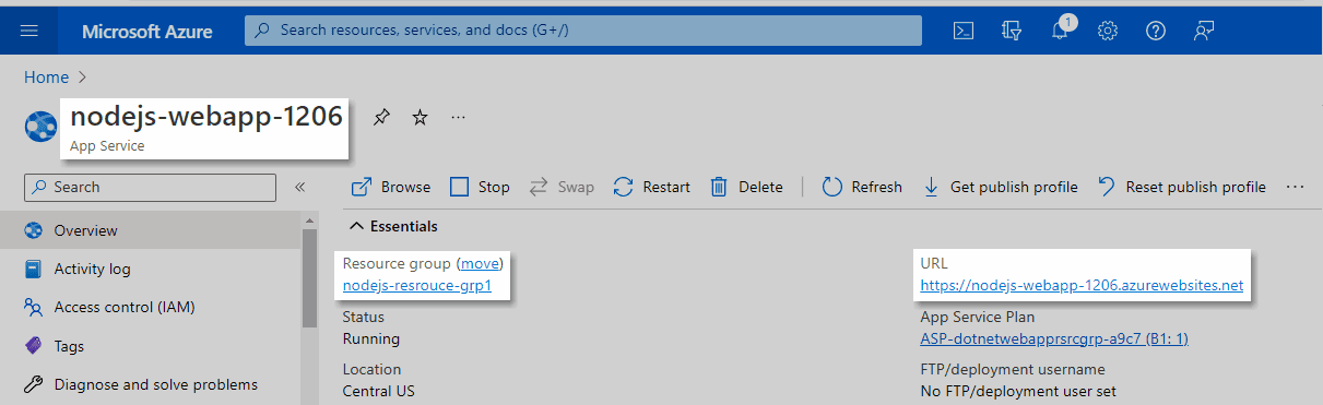 From Azure Portal we can find the the Web App is already in Running state and we can find the Web App url also as shown below.