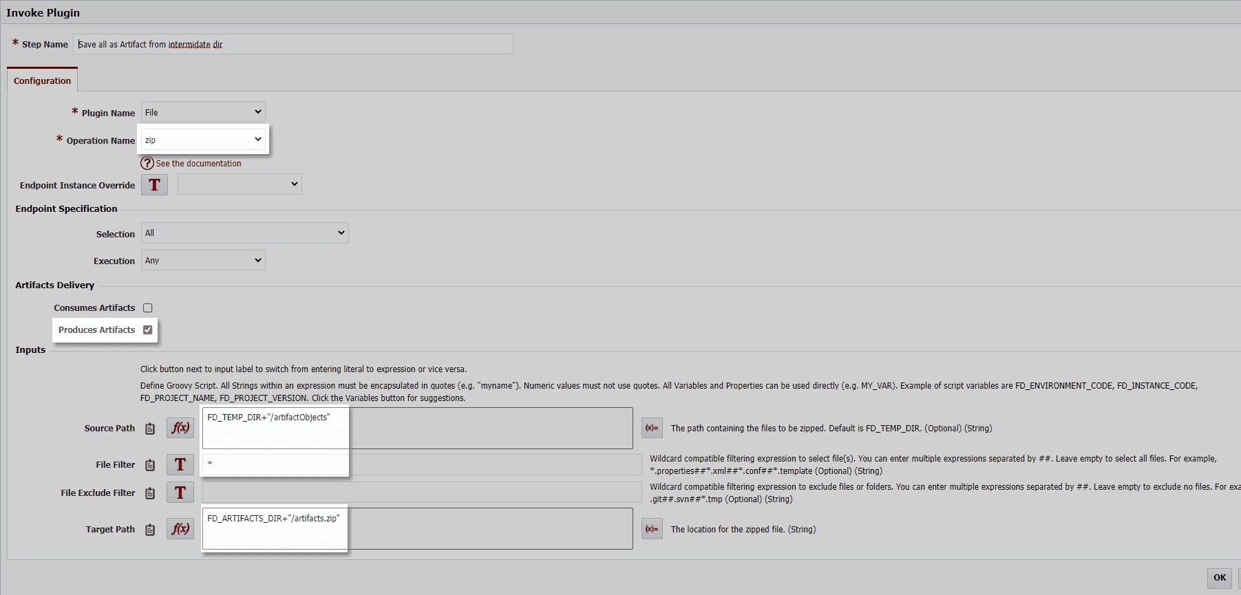 As part of last build step we have to create an archive (artifacts.zip) with all objects present inside the Artifacts directory.