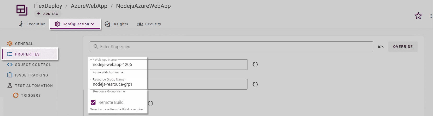 As part of Project properties, target Azure Web App Name and corresponding Resource Group Name details must be provided.