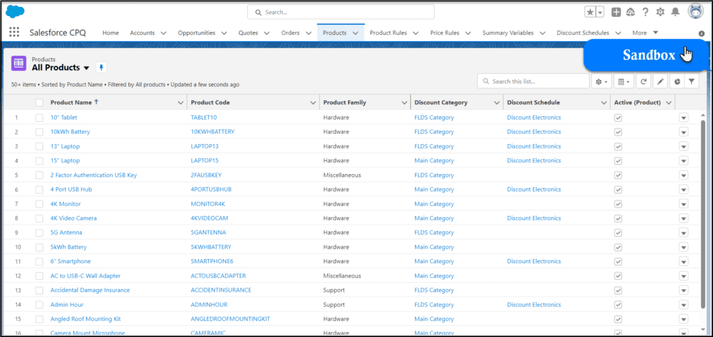 Migrate CPQ products and pricing data from a sandbox environment to a production org.