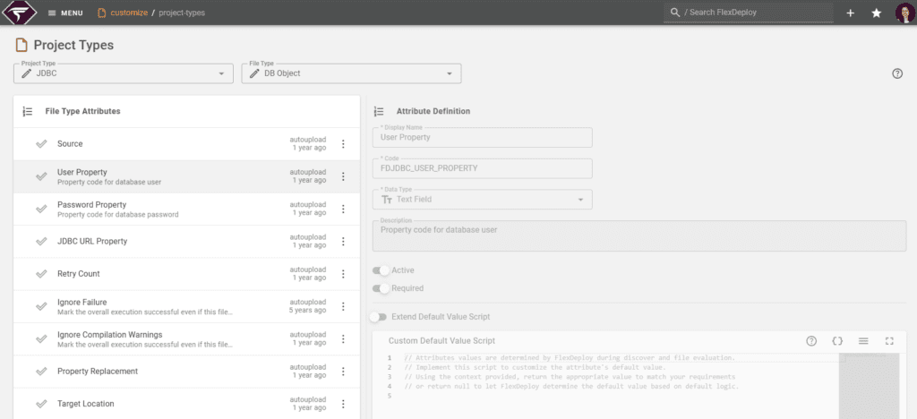 Project Types screen