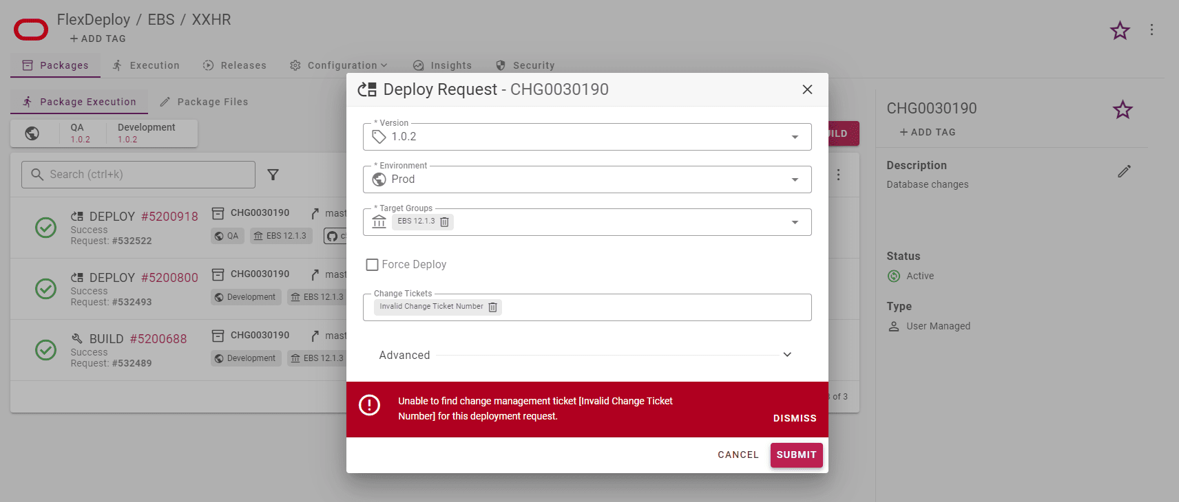 Error message from an invalid change ticket number