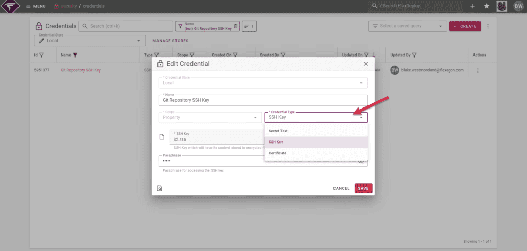 Credential Type drop down showing the new credential types that will be supported.