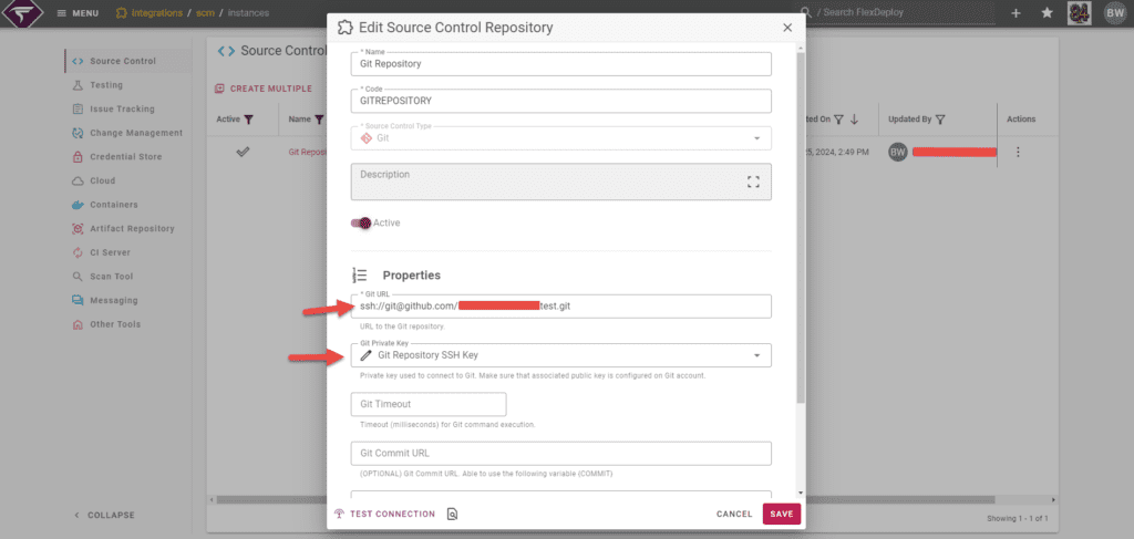 Git Repository integration instance using an SSH url. SSH Key credential can be used for the private key authentication.