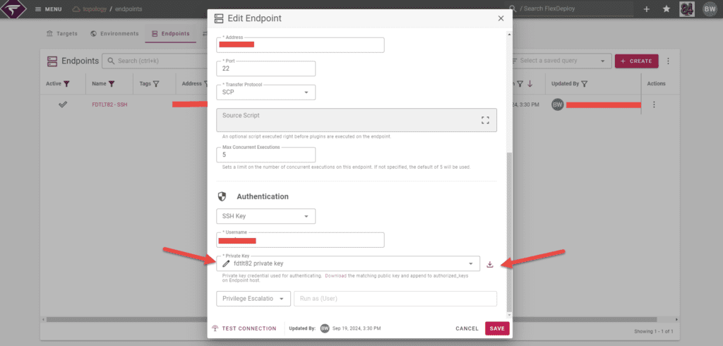 Endpoint popup authenticating via SSH Key with a credential selected.