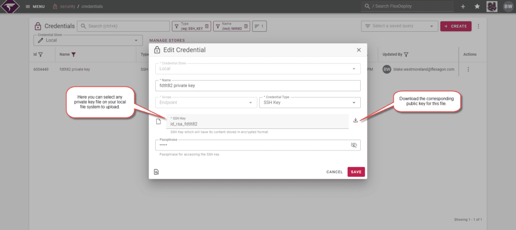 Edit Credential popup showcasing the private key file upload and passphrase inputs for SSH Key type credentials.