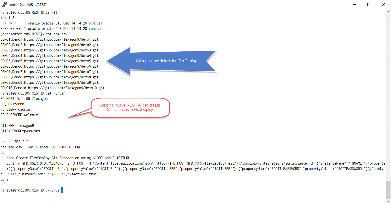 With FlexDeploy you can use REST API to setup Git Integrations.