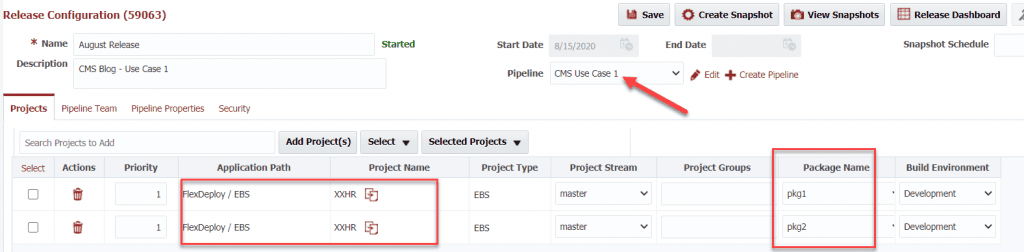 Two packages bound to a pipeline in FlexDeploy