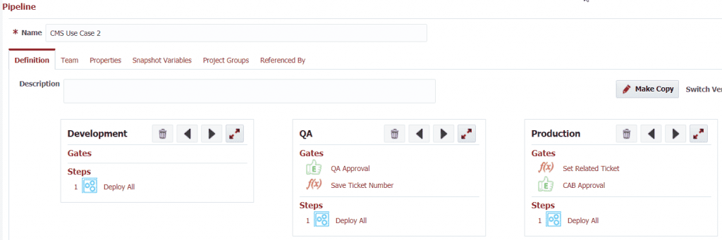 FlexDeploy's three pipeline stages: Development, QA and Production