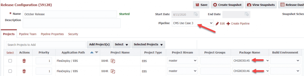 Setting the package names as the ServiceNow change ticket numbers.