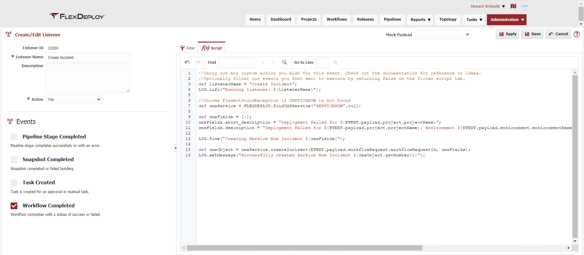 An Incident in ServiceNow using FlexDeploy