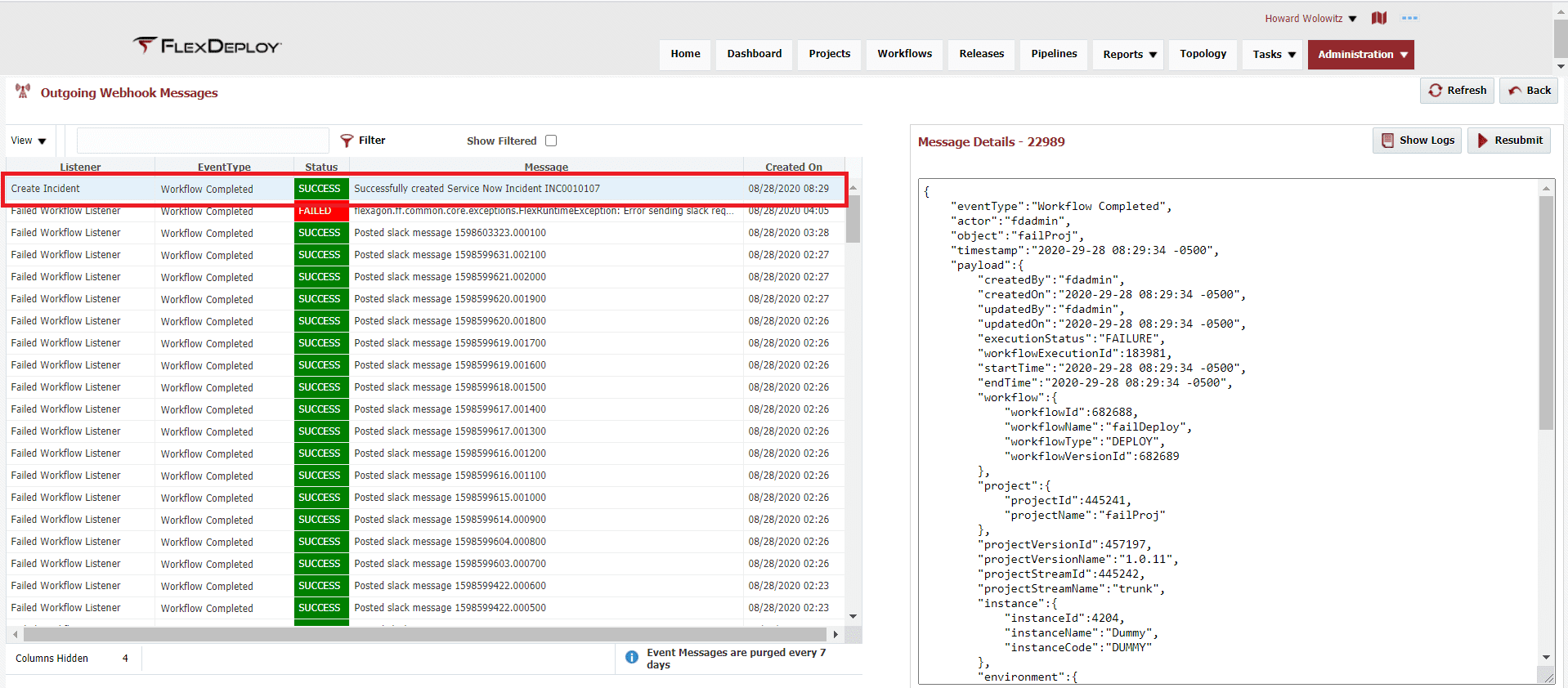The View Messages page of Outgoing Webhooks