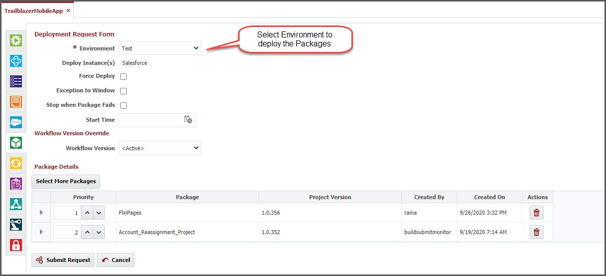 Deployment request form in FlexDeploy