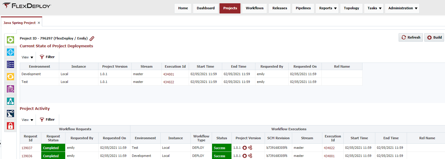Current State of Project Deployments details window