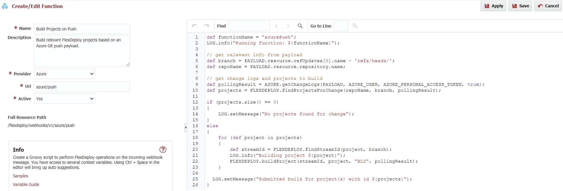 Webhook function options for Azure provider