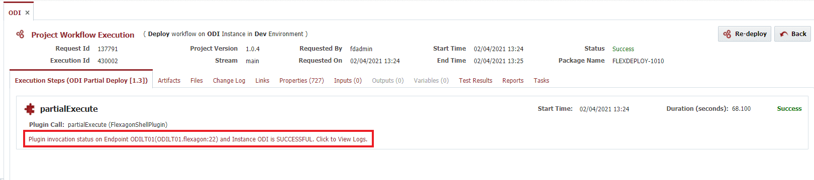 Plugin invocation status link for the paritalExecute step