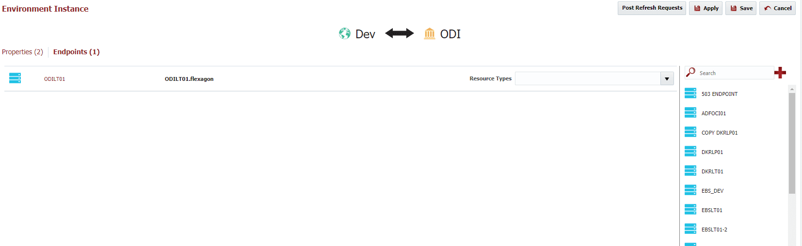 Associate the endpoint that corresponds with your Dev ODI server in the Endpoints tab of Environment Instance window