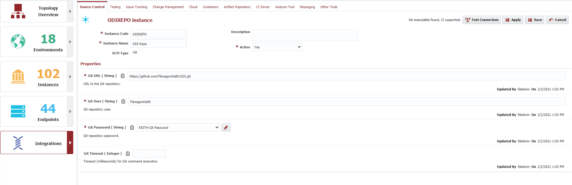 Create SCM instance to integrate the Git repository in the Integration tab.