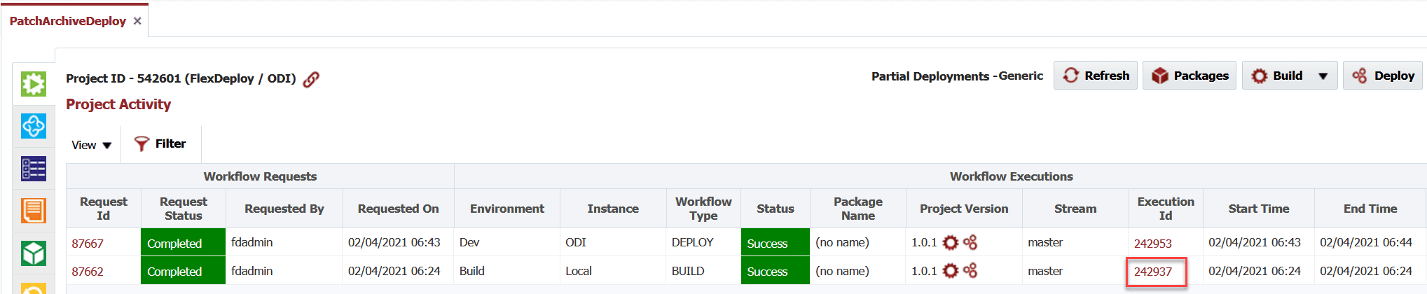 Build details in the Project Activity window