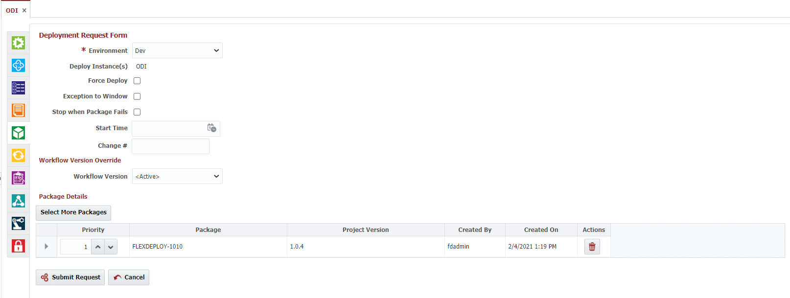 ODI Deployment Request Form in FlexDeploy