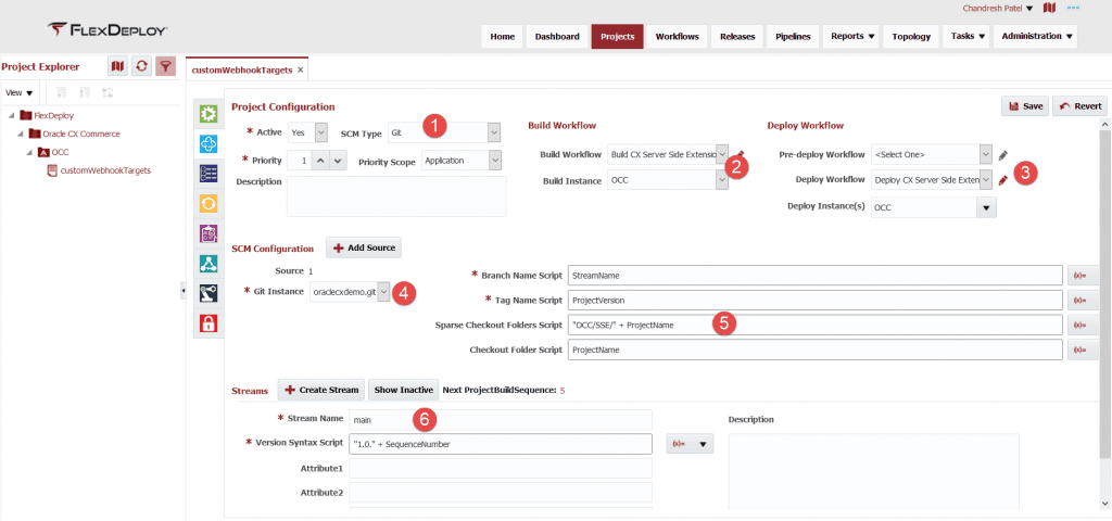 Project Configuration settings for FlexDeploy's Oracle CX Commerce Cloud plugin