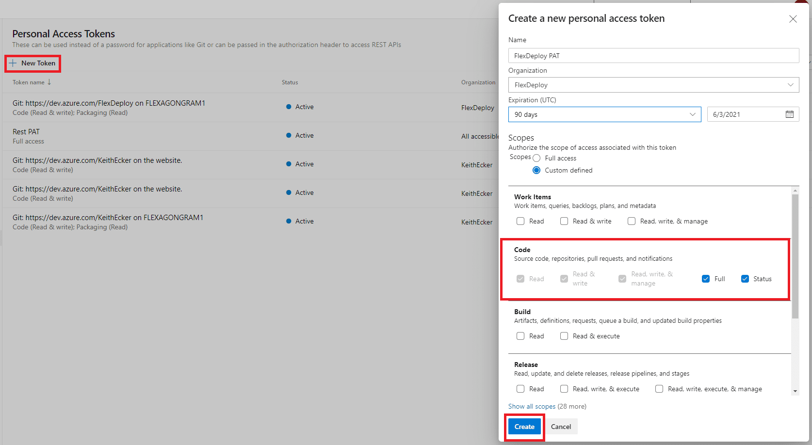 Personal access token settings