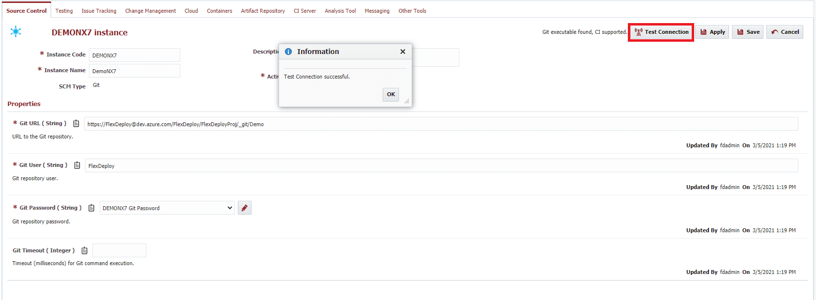 Successful Test Connection on Source Control tab