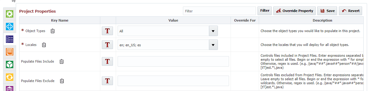 Select the Locales and Object Types in the Project Properties window