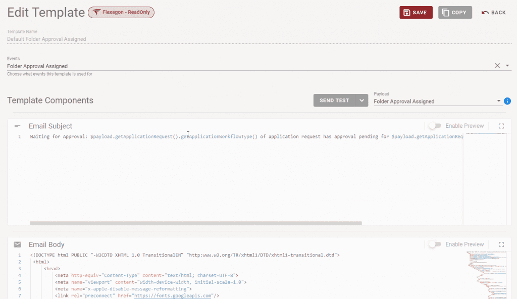 Editor window for FlexDeploy Notification Templates