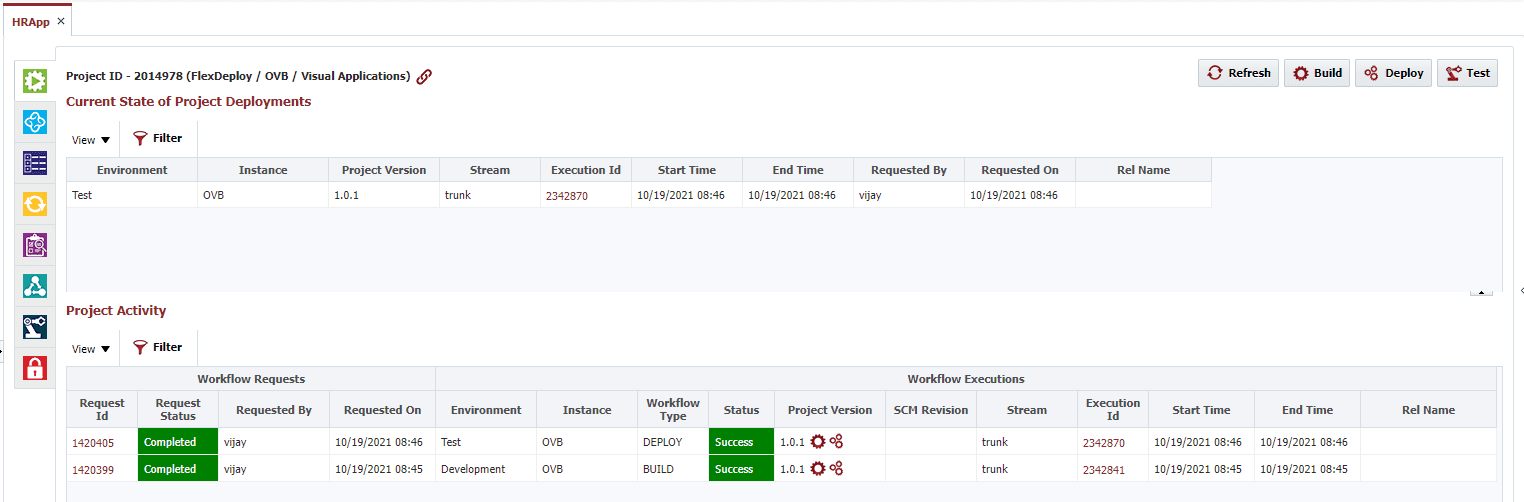 Statuses of the Build and Deploy workflows for HRApp