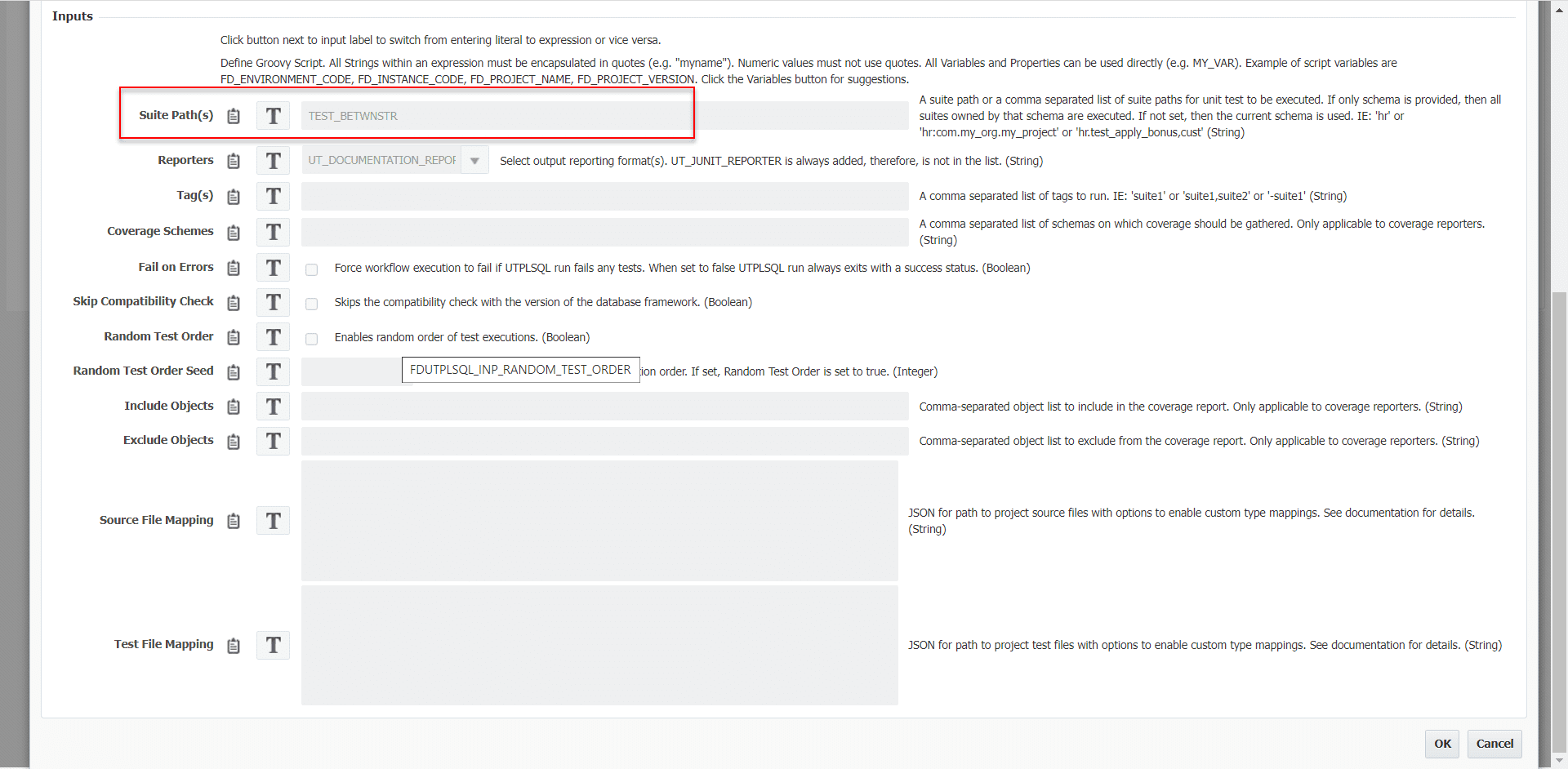 Workflow Inputs for the Test Package