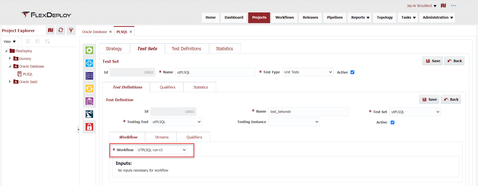 Test Set in the Projects tab for PLSQL